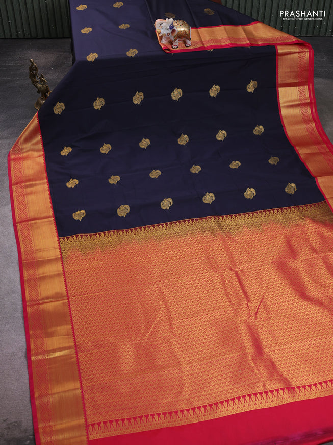 Semi kanchipuram silk saree navy blue and pink with zari woven buttas and zari woven border