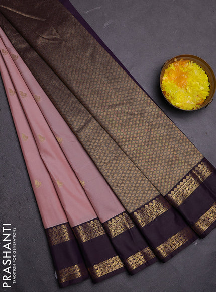 Semi kanchipuram silk saree mild peach and deep jamun with zari woven buttas and rettapet zari woven border