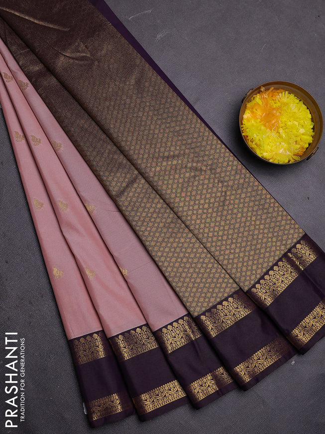Semi kanchipuram silk saree mild peach and deep jamun with zari woven buttas and rettapet zari woven border