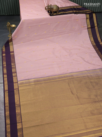Semi kanchipuram silk saree mild peach and deep jamun with zari woven buttas and rettapet zari woven border