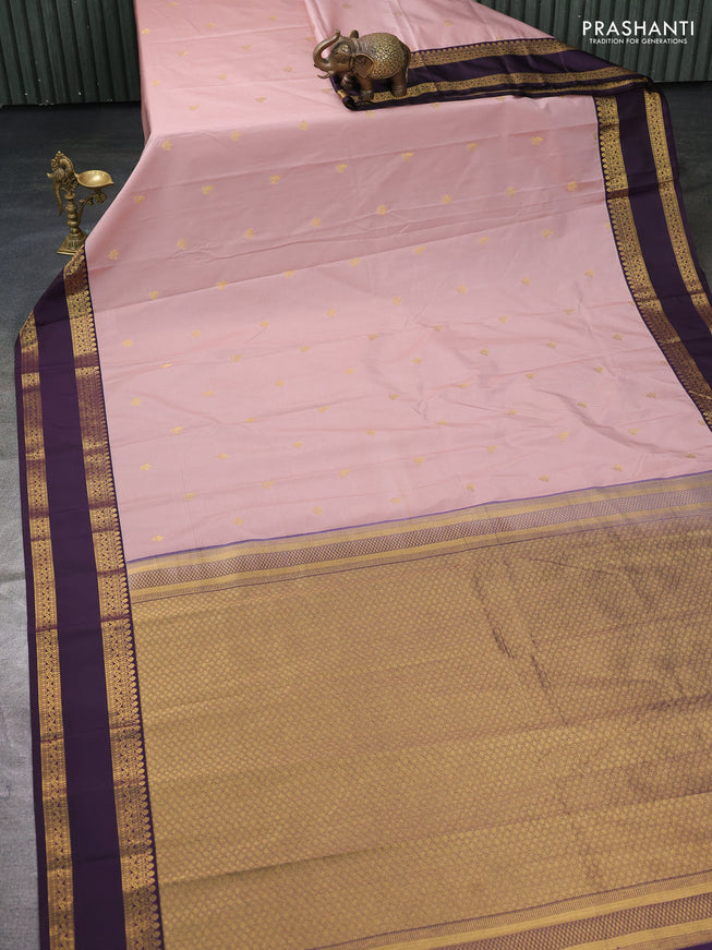 Semi kanchipuram silk saree mild peach and deep jamun with zari woven buttas and rettapet zari woven border