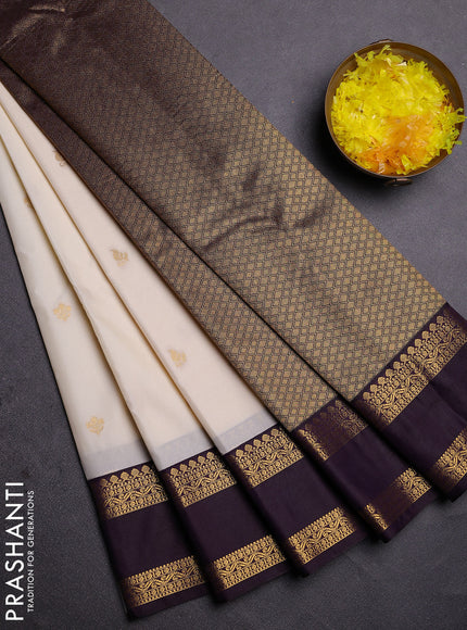 Semi kanchipuram silk saree off white and deep jamun with zari woven buttas and rettapet zari woven border