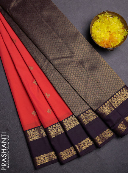 Semi kanchipuram silk saree peach orange and deep jamun with zari woven buttas and rettapet zari woven border