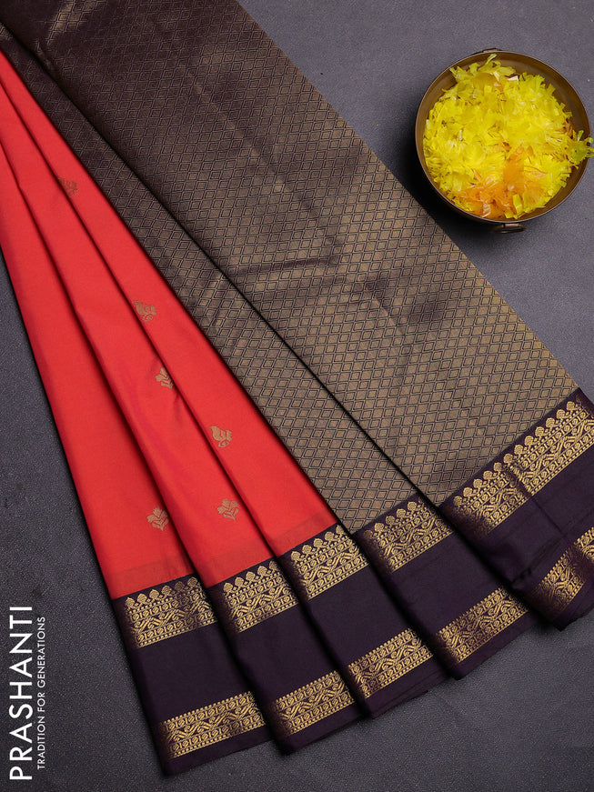 Semi kanchipuram silk saree peach orange and deep jamun with zari woven buttas and rettapet zari woven border