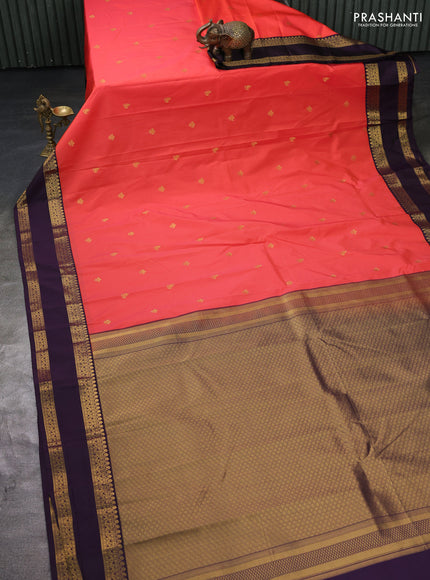 Semi kanchipuram silk saree peach orange and deep jamun with zari woven buttas and rettapet zari woven border