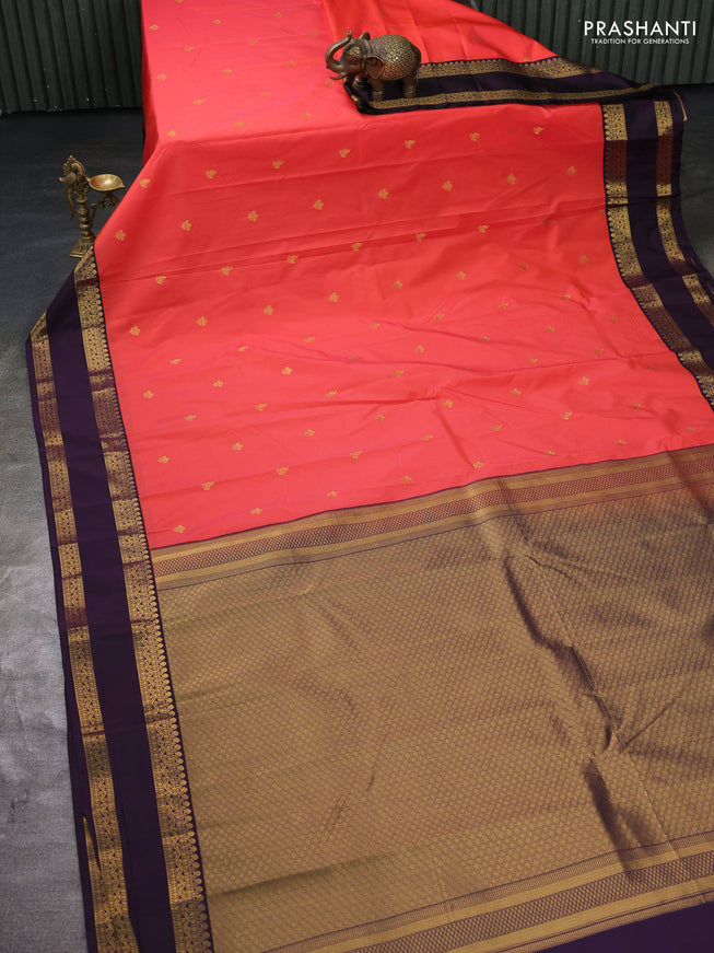 Semi kanchipuram silk saree peach orange and deep jamun with zari woven buttas and rettapet zari woven border