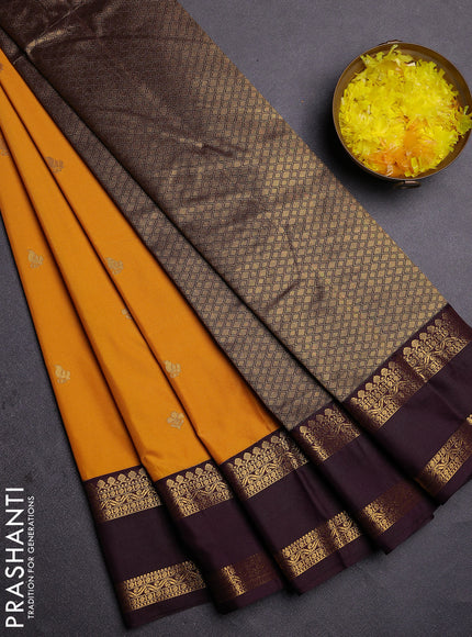 Semi kanchipuram silk saree mango yellow and deep jamun with zari woven buttas and rettapet zari woven border