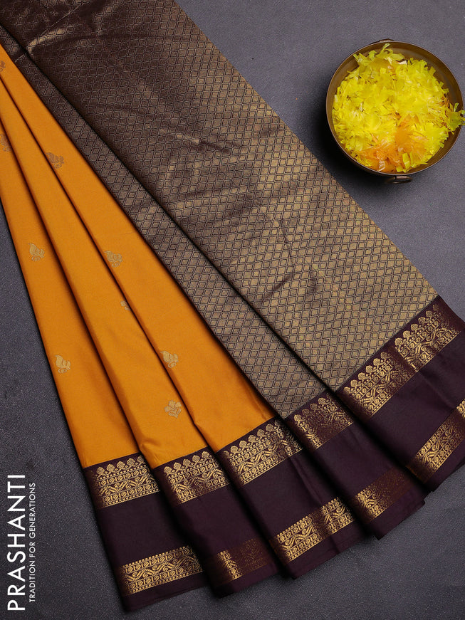 Semi kanchipuram silk saree mango yellow and deep jamun with zari woven buttas and rettapet zari woven border