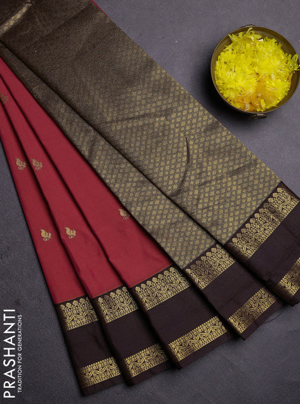 Semi kanchipuram silk saree reddish pink and brown with zari woven buttas and rettapet zari woven border