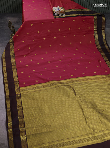 Semi kanchipuram silk saree reddish pink and brown with zari woven buttas and rettapet zari woven border