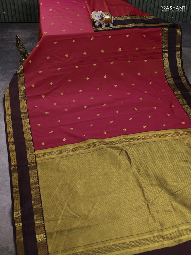 Semi kanchipuram silk saree reddish pink and brown with zari woven buttas and rettapet zari woven border