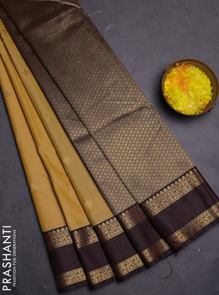 Semi kanchipuram silk saree sandal and brown with zari woven buttas and rettapet zari woven border