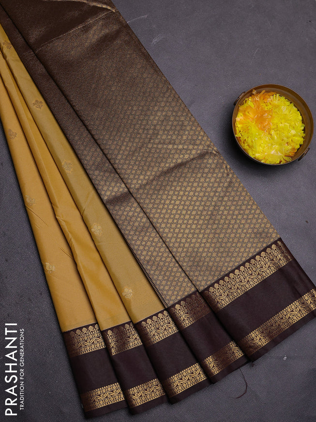 Semi kanchipuram silk saree sandal and brown with zari woven buttas and rettapet zari woven border
