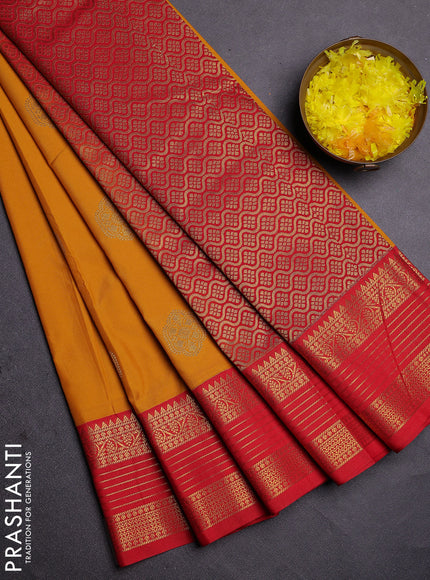 Semi kanchipuram silk saree mustard yellow and red with zari woven buttas and zari woven koravi border