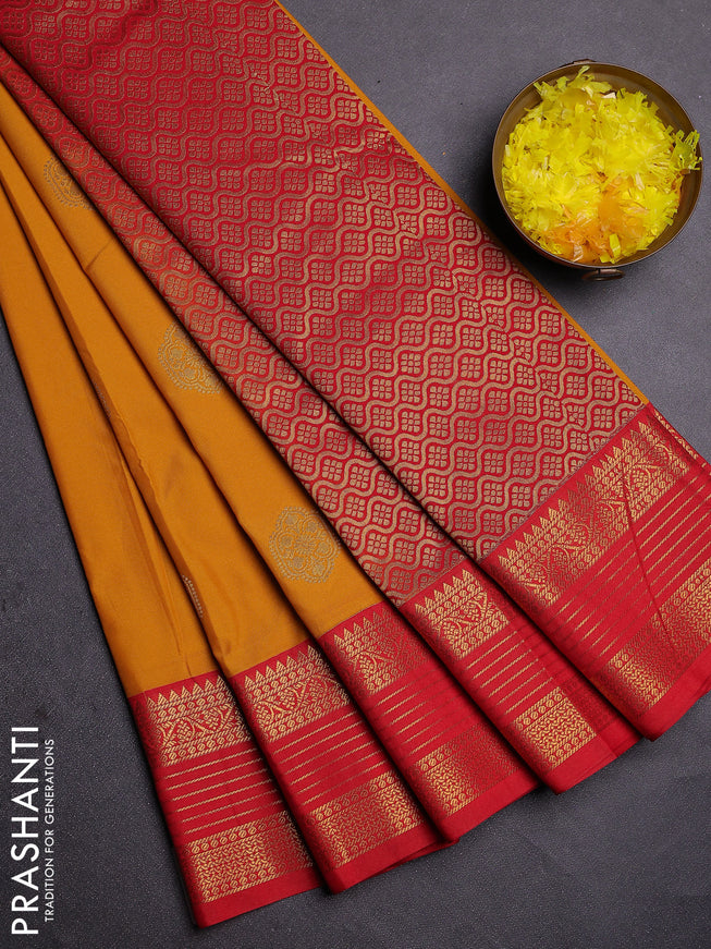 Semi kanchipuram silk saree mustard yellow and red with zari woven buttas and zari woven koravi border