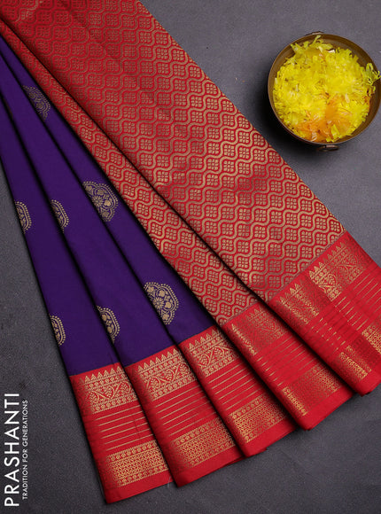 Semi kanchipuram silk saree blue and red with zari woven buttas and zari woven koravi border