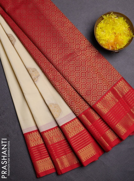 Semi kanchipuram silk saree off white and red with zari woven buttas and zari woven koravi border