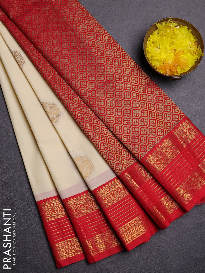 Semi kanchipuram silk saree off white and red with zari woven buttas and zari woven koravi border