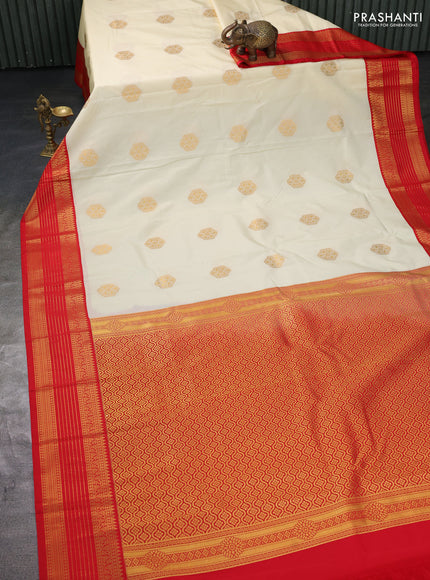 Semi kanchipuram silk saree off white and red with zari woven buttas and zari woven koravi border