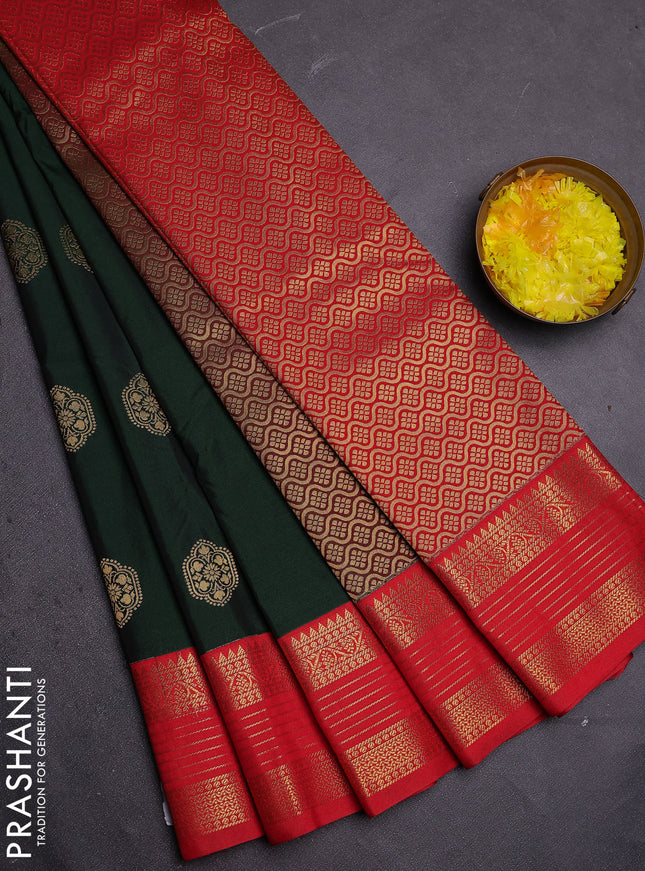 Semi kanchipuram silk saree green and red with zari woven buttas and zari woven koravi border