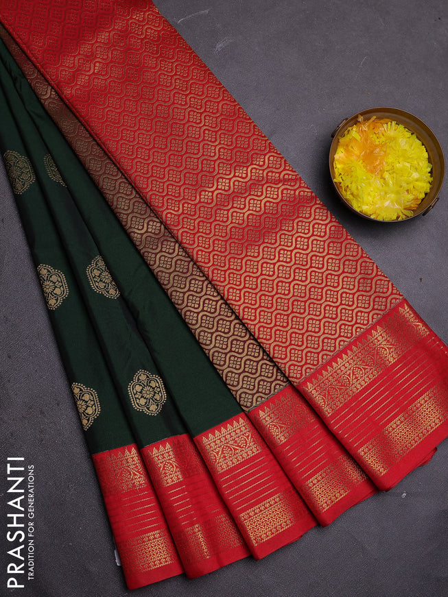 Semi kanchipuram silk saree green and red with zari woven buttas and zari woven koravi border
