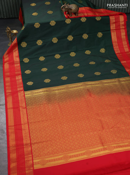 Semi kanchipuram silk saree green and red with zari woven buttas and zari woven koravi border