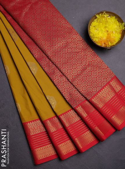 Semi kanchipuram silk saree yellow and red with zari woven buttas and zari woven koravi border