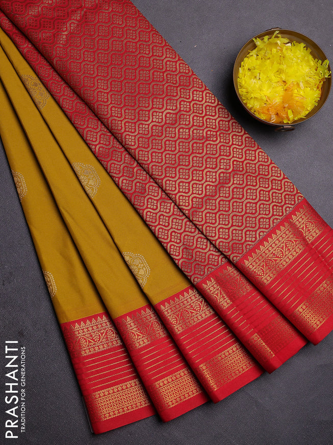 Semi kanchipuram silk saree yellow and red with zari woven buttas and zari woven koravi border