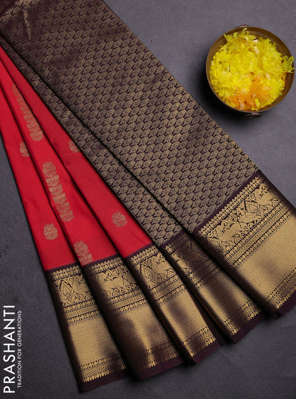 Semi kanchipuram silk saree red and deep wine with zari woven buttas and zari woven koravi border