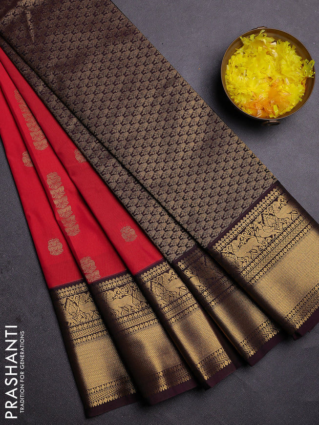 Semi kanchipuram silk saree red and deep wine with zari woven buttas and zari woven koravi border