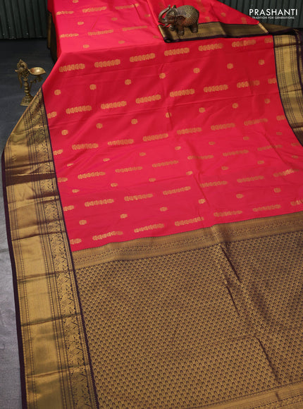 Semi kanchipuram silk saree red and deep wine with zari woven buttas and zari woven koravi border