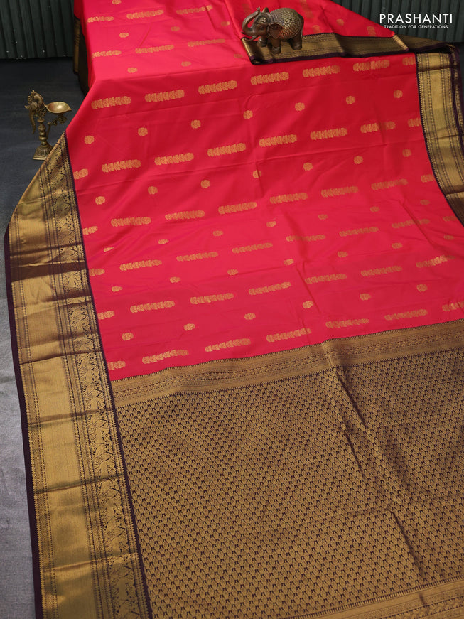Semi kanchipuram silk saree red and deep wine with zari woven buttas and zari woven koravi border