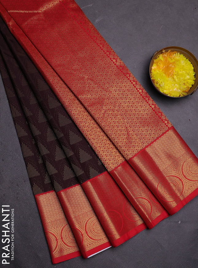 Semi kanchipuram silk saree coffee brown and red with allover zari weaves and zari woven korvai border