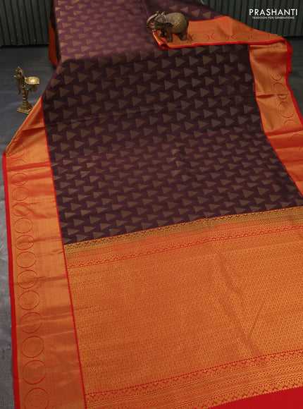 Semi kanchipuram silk saree coffee brown and red with allover zari weaves and zari woven korvai border