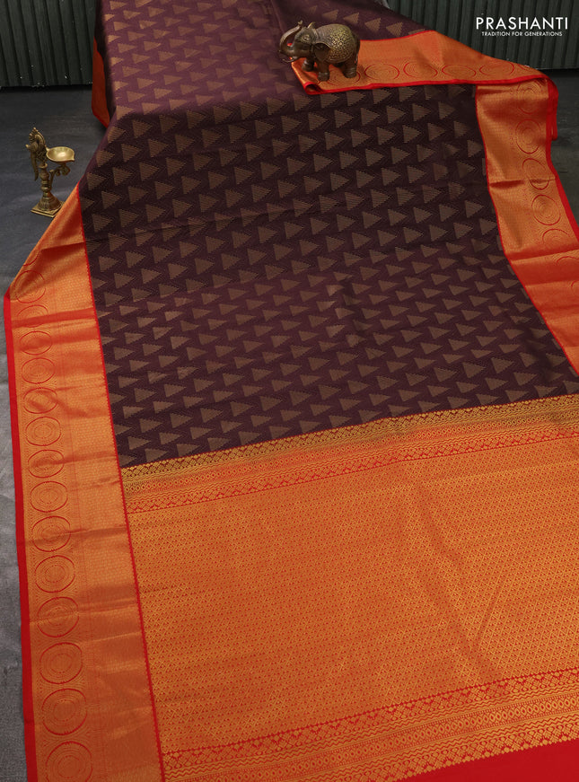 Semi kanchipuram silk saree coffee brown and red with allover zari weaves and zari woven korvai border
