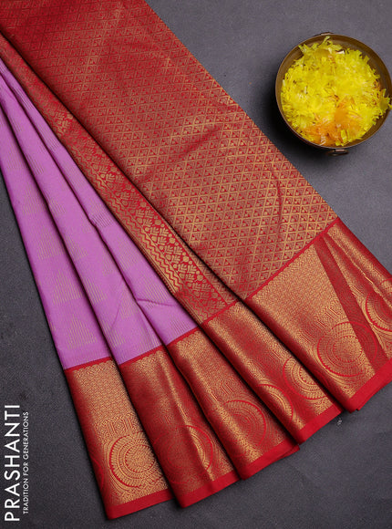 Semi kanchipuram silk saree lavender and red with allover zari weaves and zari woven korvai border