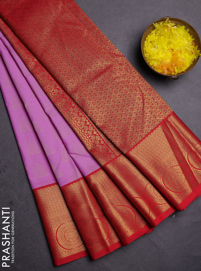 Semi kanchipuram silk saree lavender and red with allover zari weaves and zari woven korvai border