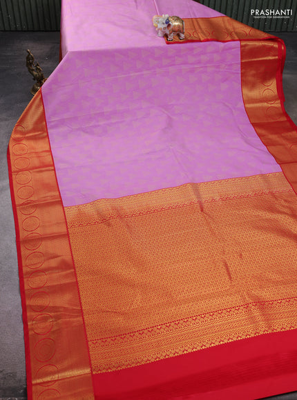 Semi kanchipuram silk saree lavender and red with allover zari weaves and zari woven korvai border