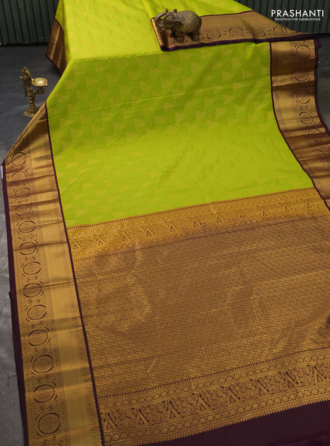 Semi kanchipuram silk saree light green and deep wine with allover zari weaves and zari woven korvai border