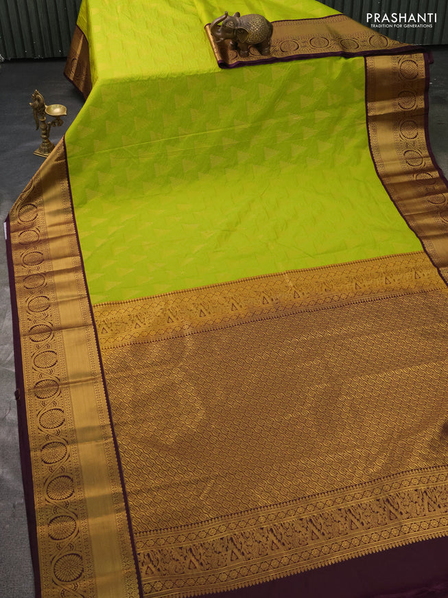 Semi kanchipuram silk saree light green and deep wine with allover zari weaves and zari woven korvai border