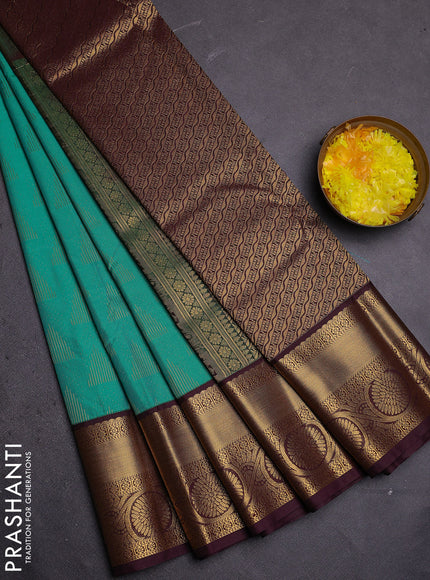Semi kanchipuram silk saree teal green and deep wine with allover zari weaves and zari woven korvai border