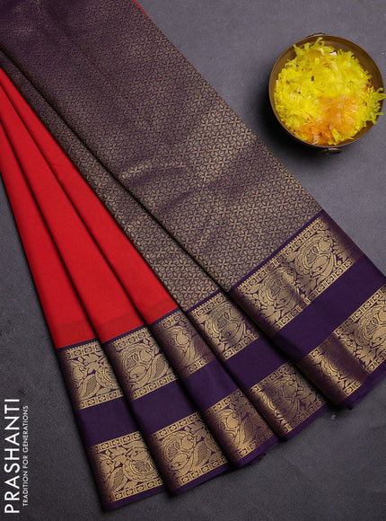Semi kanchipuram silk saree red and deep violet with zari woven buttas and rettapet zari woven border