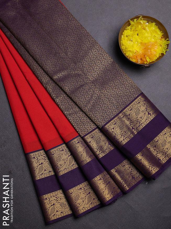 Semi kanchipuram silk saree red and deep violet with zari woven buttas and rettapet zari woven border