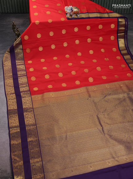 Semi kanchipuram silk saree red and deep violet with zari woven buttas and rettapet zari woven border