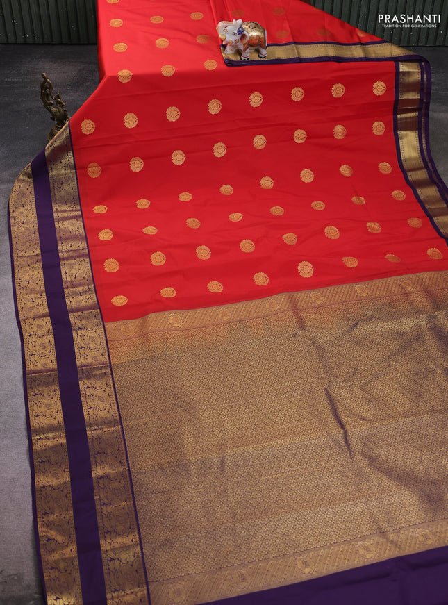 Semi kanchipuram silk saree red and deep violet with zari woven buttas and rettapet zari woven border