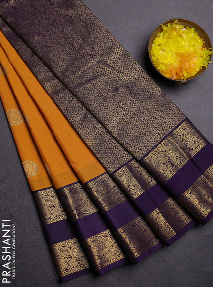 Semi kanchipuram silk saree mustard yellow and deep violet with zari woven buttas and rettapet zari woven border