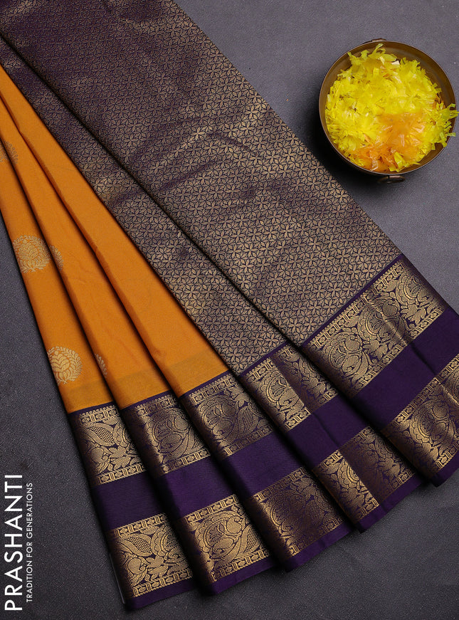 Semi kanchipuram silk saree mustard yellow and deep violet with zari woven buttas and rettapet zari woven border