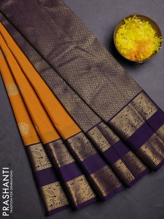 Semi kanchipuram silk saree mustard yellow and deep violet with zari woven buttas and rettapet zari woven border