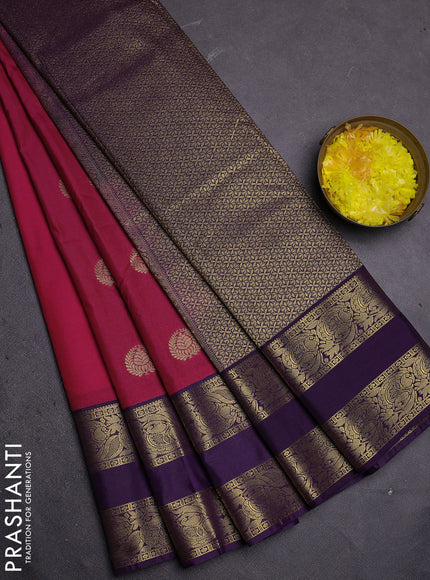 Semi kanchipuram silk saree pink and deep violet with zari woven buttas and rettapet zari woven border