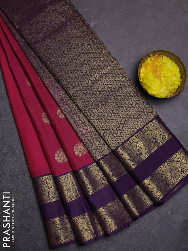 Semi kanchipuram silk saree pink and deep violet with zari woven buttas and rettapet zari woven border